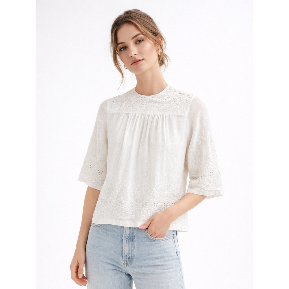 by Malene Birger White‎ Cotton Eyelet Embroidered Blouse 3/4 Sleeve Size 34